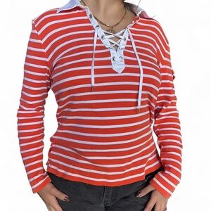 Ralph Lauren Red and White Striped Lace-Up Top